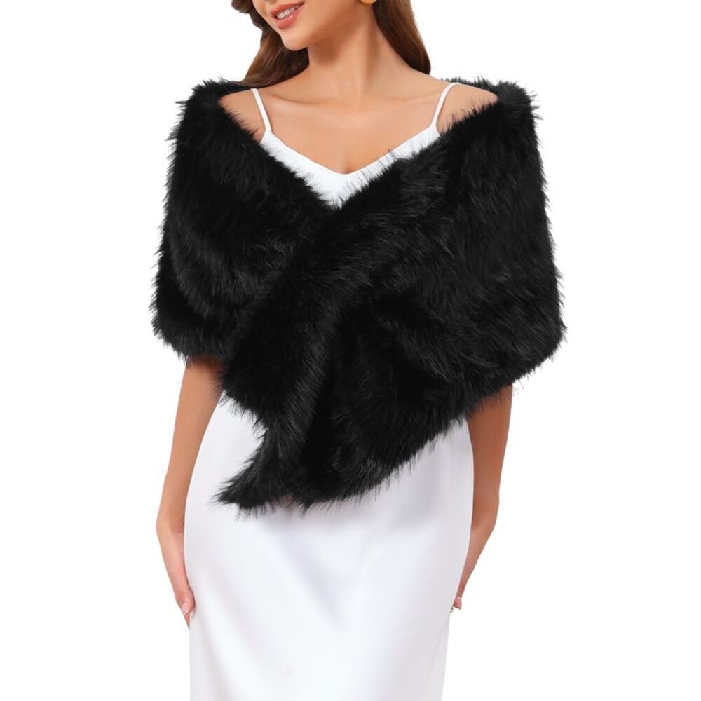 Women's Faux Fur Shrug for Wedding Bridal Wrap Shawl Cape Coat Black
